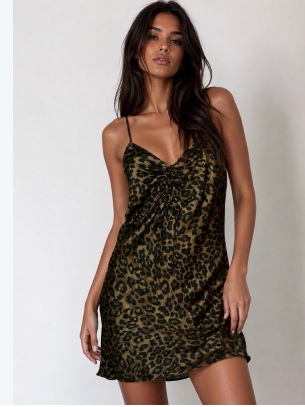 ZARA Leopard Print Satin Slip Dress with Ruched Front sz medium